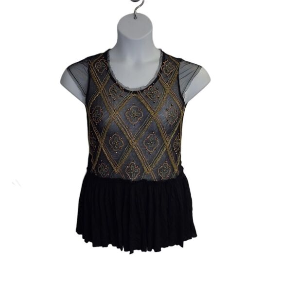 FREE PEOPLE black beaded sheer holiday to India peplum top tinic XS - Picture 3 of 12